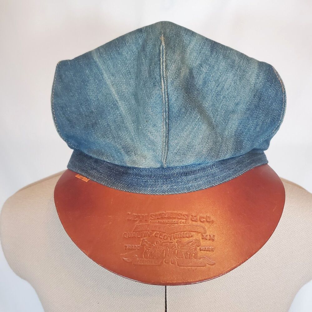 VTG Levi Strauss Cap Blue Denim Leather Brim Orange Tab 70s Newsboy Hat Levi's